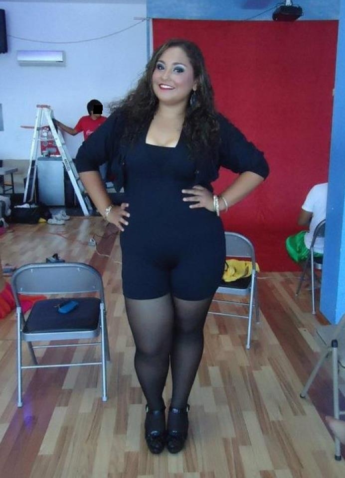 Brunette BBW wearing Black Sheer Pantyhose and Blue Mini Dress